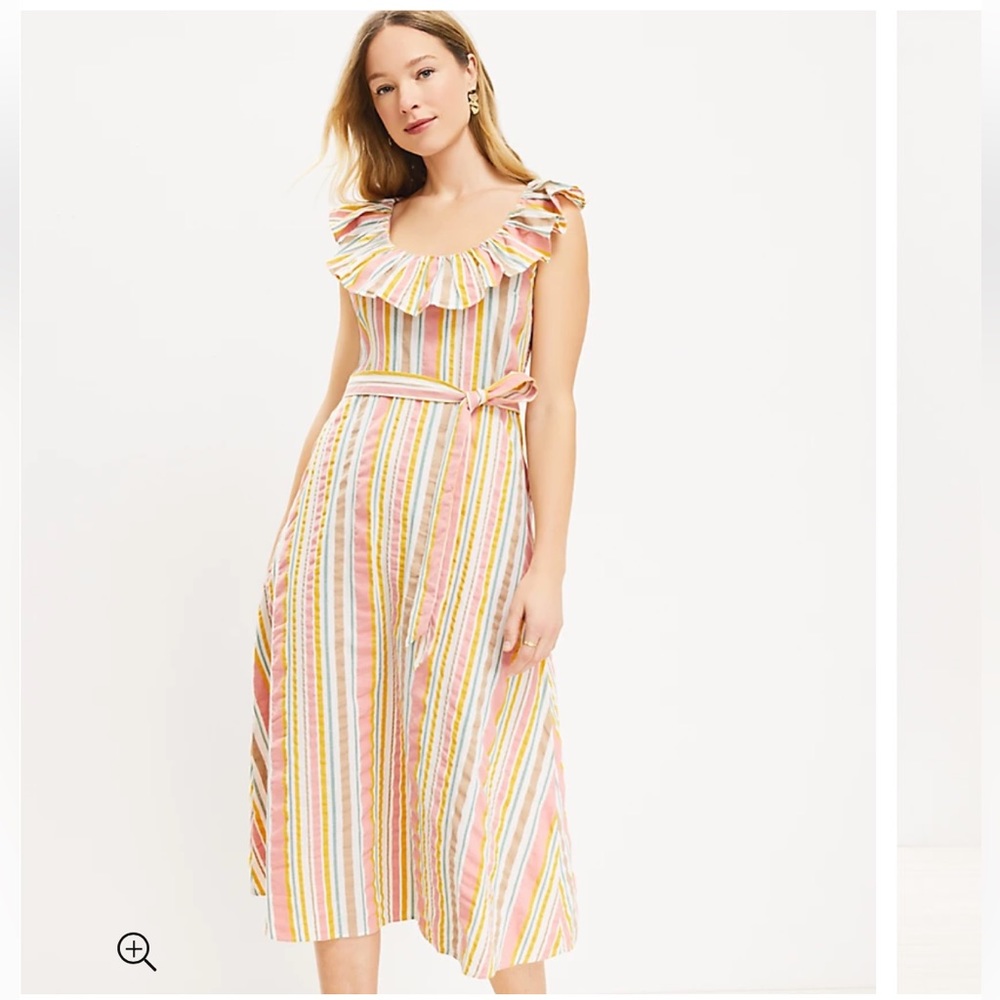 Striped Ruffle Scoop Neck Midi Dress